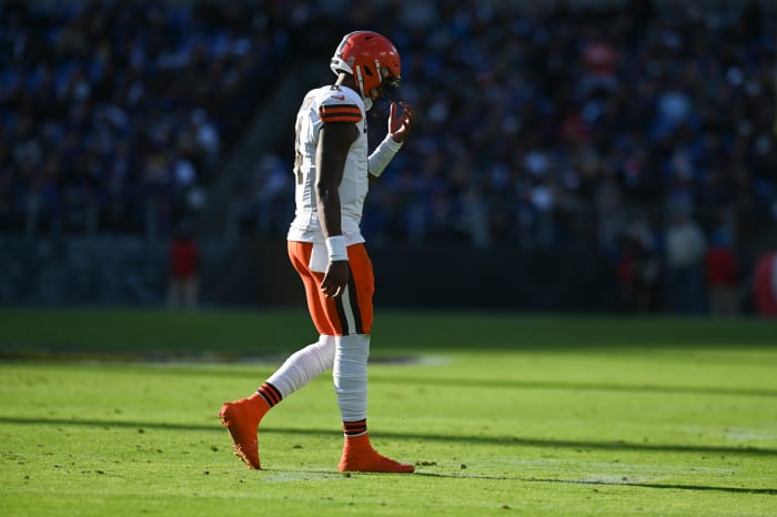Nov 12, 2023; Baltimore, Maryland, USA; Cleveland Browns quarterback Deshaun Watson (4) walks to the sidelines during the first half against the Baltimore Ravens at M&T Bank Stadium.